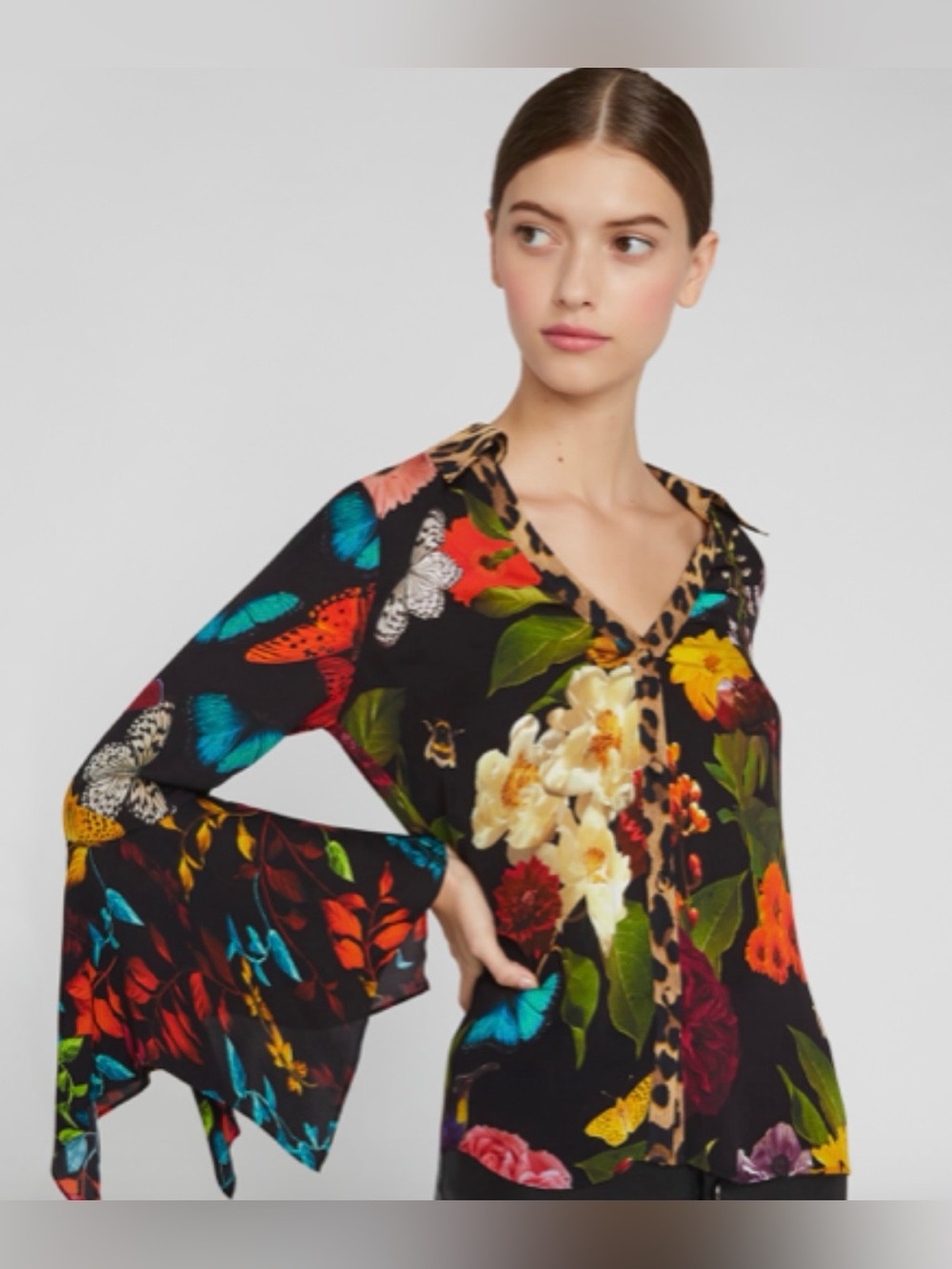 Alice + Olivia Floral & Butterfly Black Blouse with Bell Sleeves